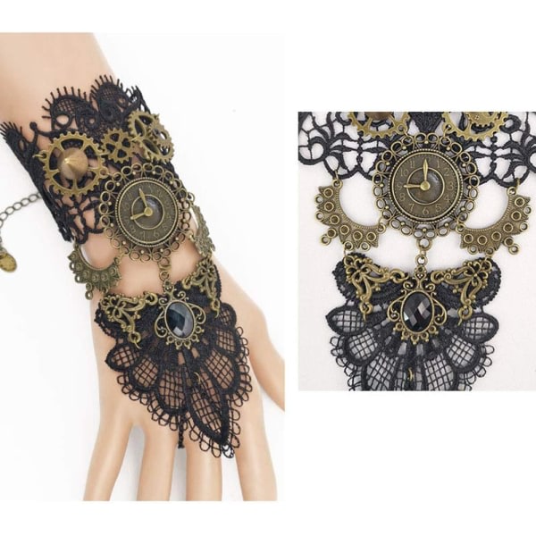 Fingerløse handsker Gothic Floral Spets Steampunk Armbånd Klok Vintage Gear Handsker Brud Armbånd Strass Ring Sæt - 1 par