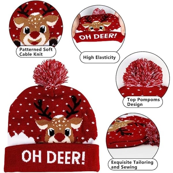 CDQ Vores LED varm julemøssa, lysende julemøssa, unisex stickad semestermössa, med rådjursmønster, passende for fester (rød)