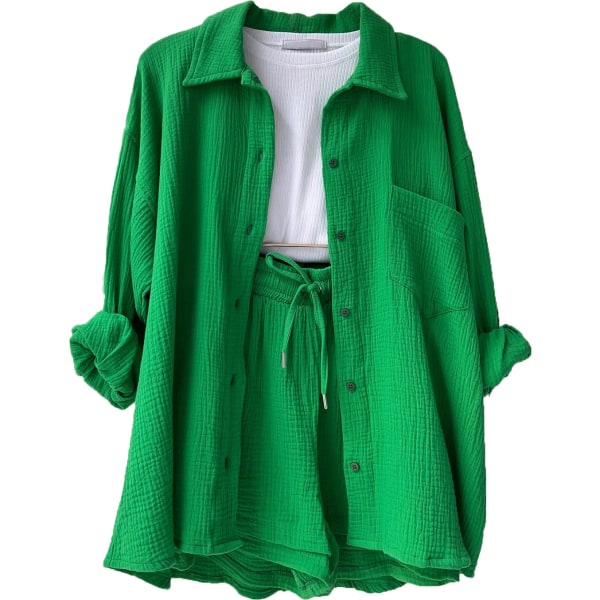 Damer i tvådelad rynkigt tyg revers långärmad skjorta med høj midja shorts med dragsko stor størrelse mode casual kostym grøn S CDQ