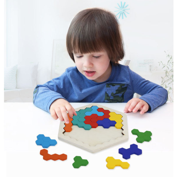CDQ Hexagonpussel i trä - Shape Block Tangram Brain Teaser Toy