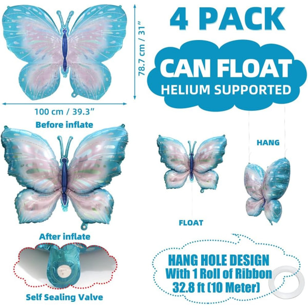 4D 39'' jättefjärilsballonger Fairy Tale Butterfly Party Supplies, 4-pak Gradient Blå Rosa Metallic Butterfly Mylar Folie Ballonger Dekorationer