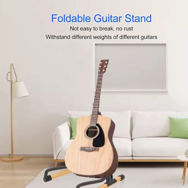 A-format gitarrstativ, justerbar höjd, hopfällbart instrumentstativ i metall med mjuk sammetsstoppning för akustiska och elektriska gitarrer, guld