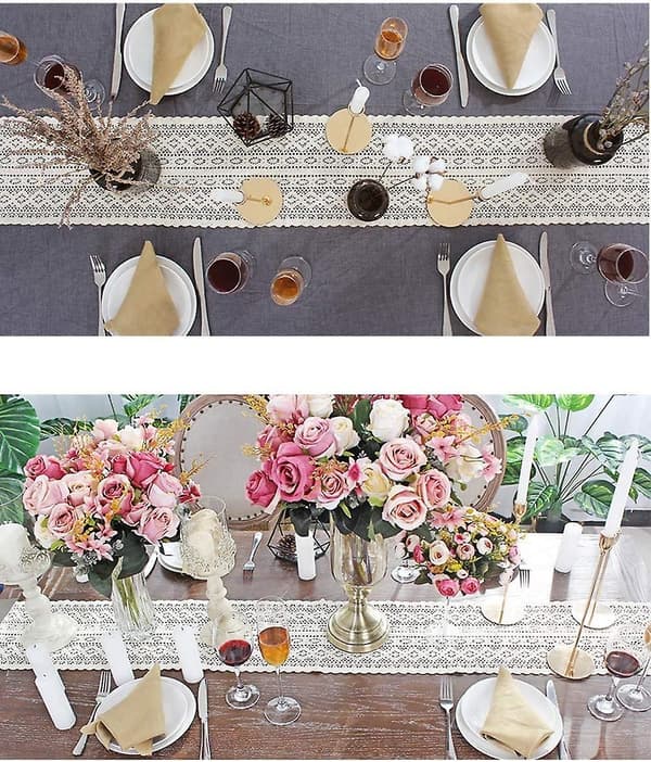 9,5\" X 71\" Beige Makramé Bordløber Rektangulær Hæklet Blonde Elegant Hul Netdug Til Rustik Boho Bryllupsdekoration Brud & Baby Shower