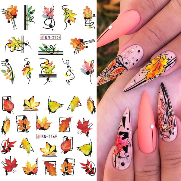 Maple Leaf Nail Art Stickers Dekaler Höst Thanksgiving Nageldekoration Vattenoverføring Höstlöv Pumpa Fox Owl 12 ark