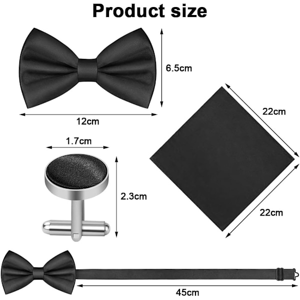 Sløyfe for menn, klassisk ensfarget slips sløyfe for menn, sateng Tux sløyfe, justerbar formell sløyfe for fest, bryllup 3pcs-Black