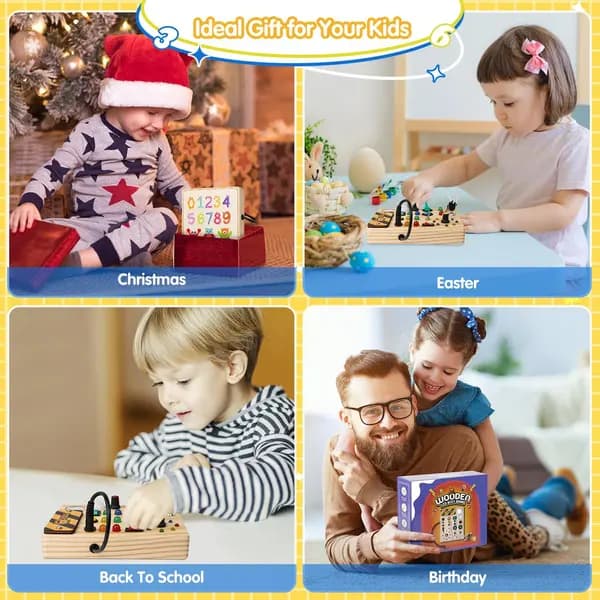 Montessori Aktivitetsbrett med 27 LED-lys og 10 knapper, Sensorisk Treleke for Småbarn 1-6 år, Gave til Gutter og Jenter