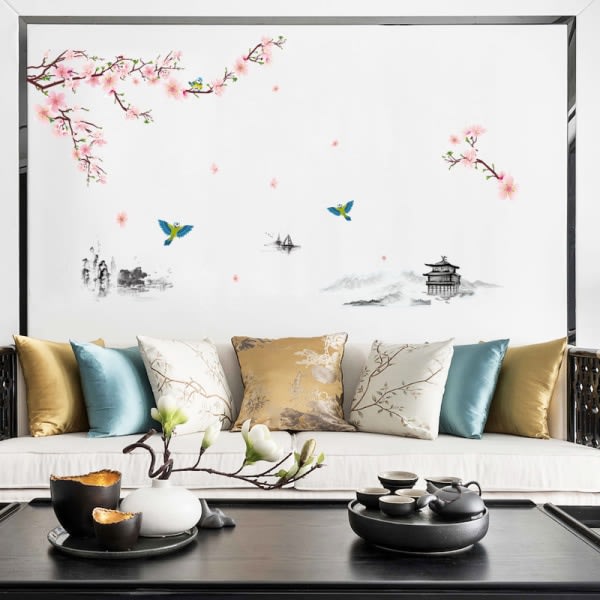 Peach Blossoms & Birds väggdekaler (240x150 cm) I självhäftande väggdekal rosor körsbärsträd gren växter för vardagsrum sovrum kök hallwa CDQ