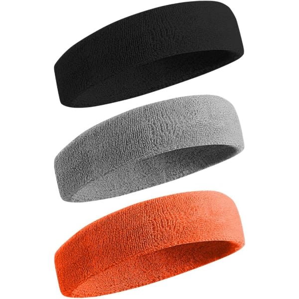 CDQ 3st sportpannband, jyrkkä svettabsorbering, svart+grå+oranssi