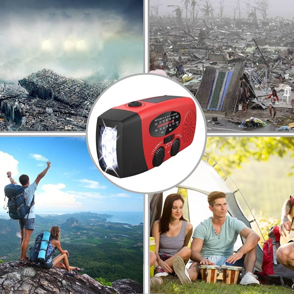 Vevarradio med solceller, ficklampa och 2000mAh powerbank SOS röd