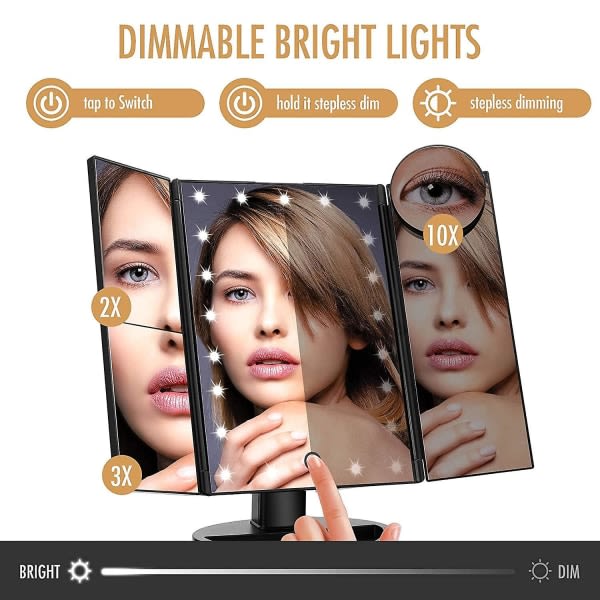 Trefaldig ledupplyst sminkspegel, 2x/3x/forstoring sminkspegel med led-lys, 360 rotasjonspekskjerm kosmetisk speglar og dobbelt strøm Svart