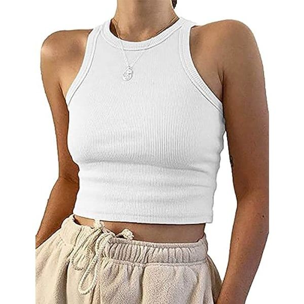 Damer Rund Hals Basic Racerback Camisole Ribstickad Solid Ärmlös Linne, 1 ST-VIT, XL