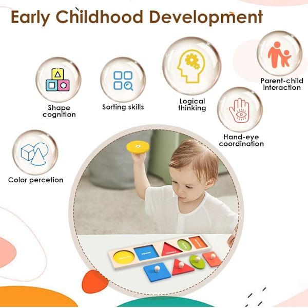 Babypuslespil, Træpuslespil med Knopper, Træpuslespil til 1-3 År Montessori Førskolepuslespil Tidlige Pædagogiske Spil