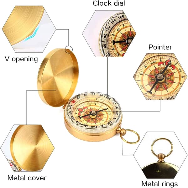 Brass Compass with Liquid-Filled Dial, Waterproof and Durable, Luminous Features for Night Navigation