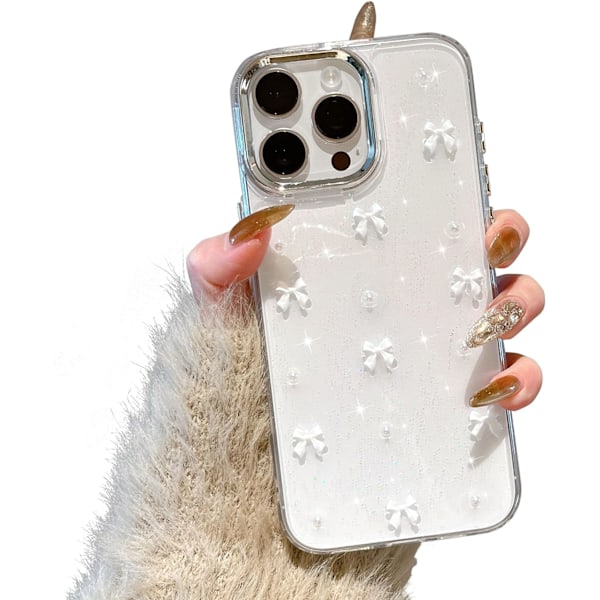 Deksel til iPhone 14 Pro, Bling Glitter 3D Rosett Telefondeksel Søtt Glitrende Krystallklart Rosett Slim Mykt Slitesterkt Beskyttende Etui Whit White iPhone 14 Pro