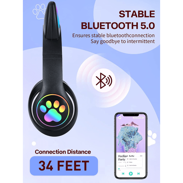 CDQ Katteøre LED Lys op sammenklappelige Bluetooth-hovedtelefoner til børn