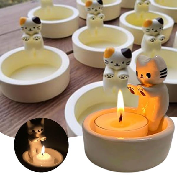 Cartoon Cats Ljusstake Hög temperaturbeständighet Återanvändbar ljushylla för skrivbordet Vit