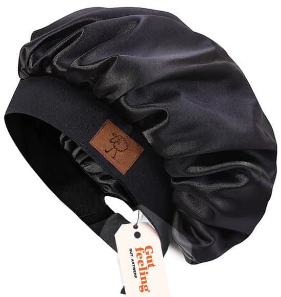 Justerbar satin-bonnet med dubbelt foder och elastiskt kardborreband, nattmössa för lockar, flätor och afrohår, svart