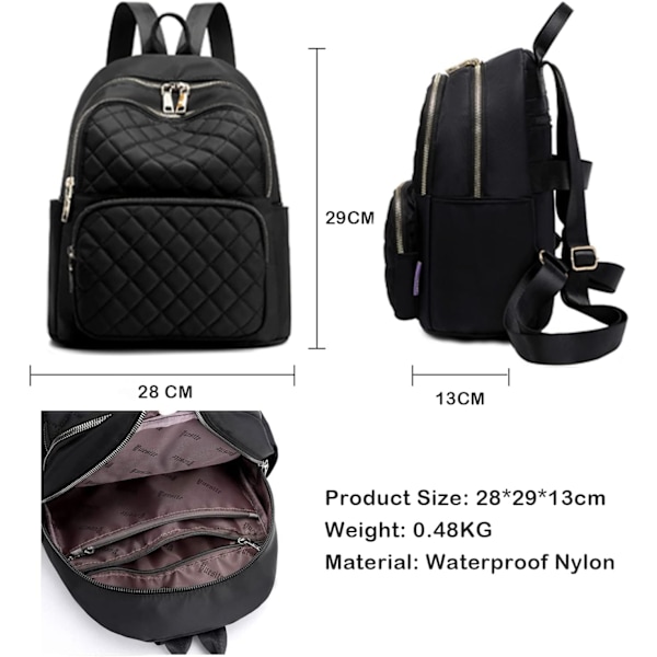 Naisten reppu, kevyt nylon, rento reppu, pieni naisten reppu, musta