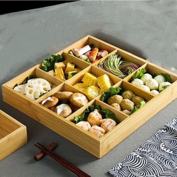 9 rutnät bambu serveringsbricka fruktfat varm gryta snacksbricka maträtter tallrik