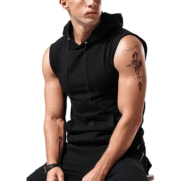 AVEKI T-tröjor med huva för män Ärmlösa gymhuvtröjor Bodybuilding Muscle Ärmlösa T-shirts, svart, 2XL zdq