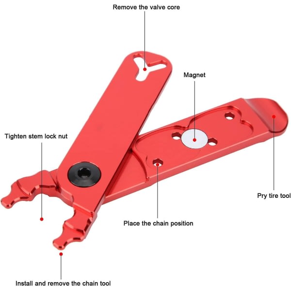 Cykelkedjetång, höghållfast aluminiumlegering, 4-i-1 multifunktionsventilverktyg Däckspaksverktyg (röd)