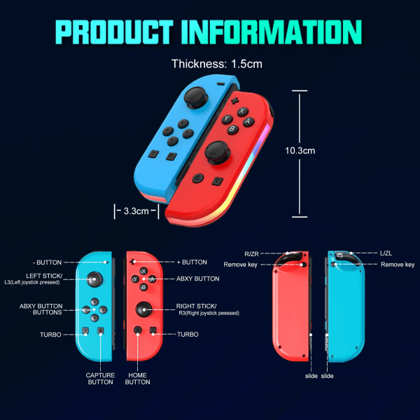 Trådløs håndkontrol kompatibel til Nintendo switch, Oled, Lite Gamepad Joystick (l/r) Ersättning med Rgb højer blue+red