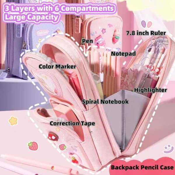 Pencil Case - Cute Pencil Case with 3 Compartments, Multifunctional and Foldable Pencil Case, Large Capacity_TF_TF Rosa