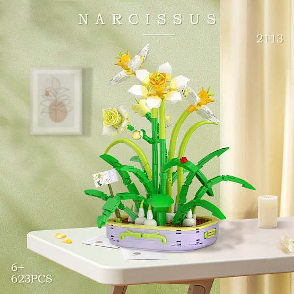 Narcissblomma Byggklossar Krukväxt Bonsai Block Leksaker Heminredning DIY Blomsterklossar Pussel Leksaker För Barn Flickor Present 2113