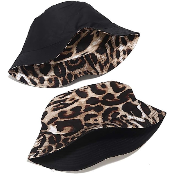 Söt bucket hat strandfiskarhattar för kvinnor, vändbar dubbelsidig användning Leopard