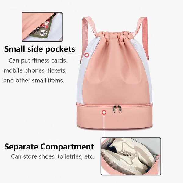 Ryggsäck med dragsko, ryggsäck med dragsko för kvinnor, vattentät ryggsäck med dragsko, Stor ryggsäck med torr våt split (rosa)