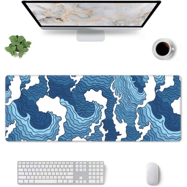 Japansk blå og hvid Sea Wave musemåtte XL forlænget skrivebordsunderlag, skridsikker gummibase syet kant Gaming PC Desktop Stor musemåtte, 31,5 x 11,8 tommer