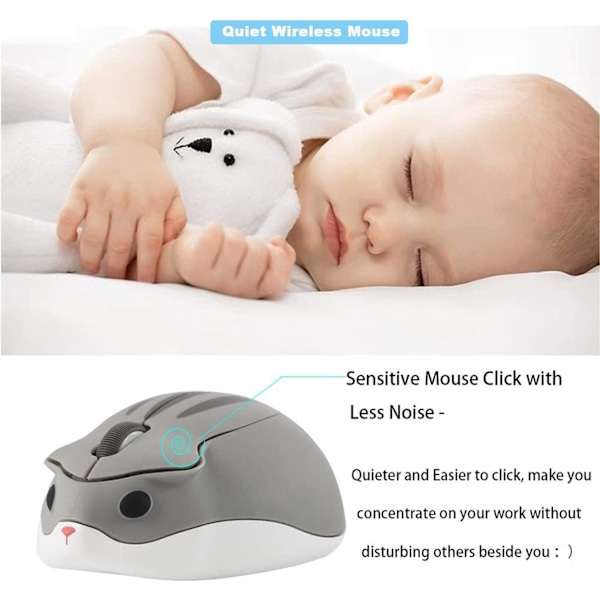 Trådløs Mus Søt Hamsterformet Datamus 1200DPI Lav Støy Bærbar USB-Mus Trådløs Mus for PC Laptop Datamaskin Notebook Grey