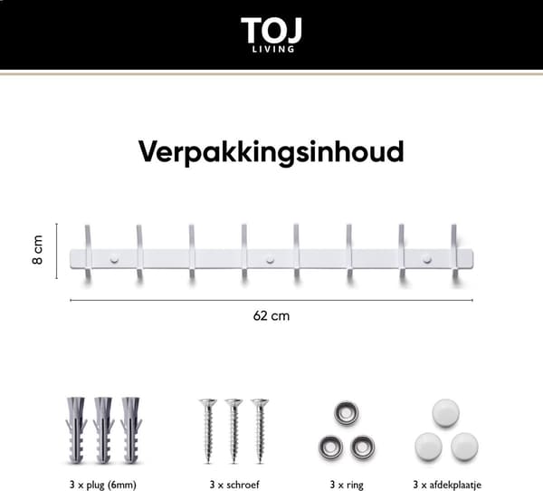 Väggmonterad klädhängare med 16 krokar, kroklist i rostfritt stål för kappor, väskor, handdukar, vit, 24,4 tum