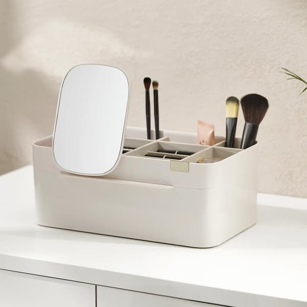 Makeup-organizer med skuffe - spejl - creme - muslingedesign