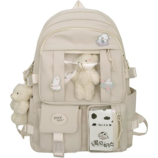 Kawaii-reppu tytöille, söpö esteettinen reppu, koulureppu neulalla ja tarvikkeilla White