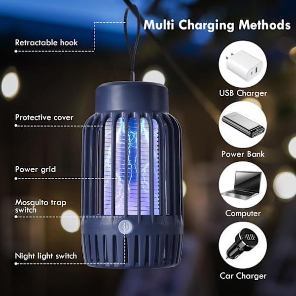 Myggdödande lampa, 2 i 1-dödare med ultraviolett lampa och belysningslampa, USB-uppladdningsbar insektsdödare 360° Attrahera och döda flygande insekter pessimistic