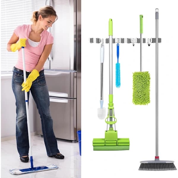 Kostholder Veggfeste Rustfritt Stål Mopp Organizer 5 Spor 4 Kroker Grå