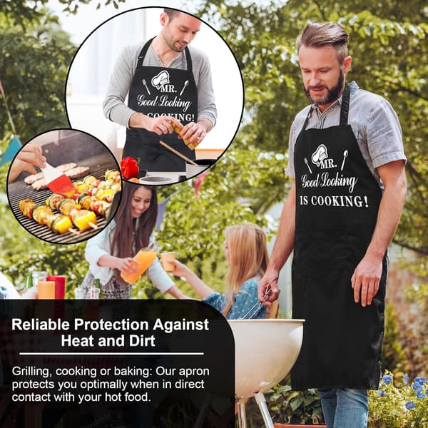 Sjovt forklæde til mænd med dobbeltlommer, justerbart hagesmækforklæde til køkken, grillgave, Mr Good Looking Is Cooking, sort