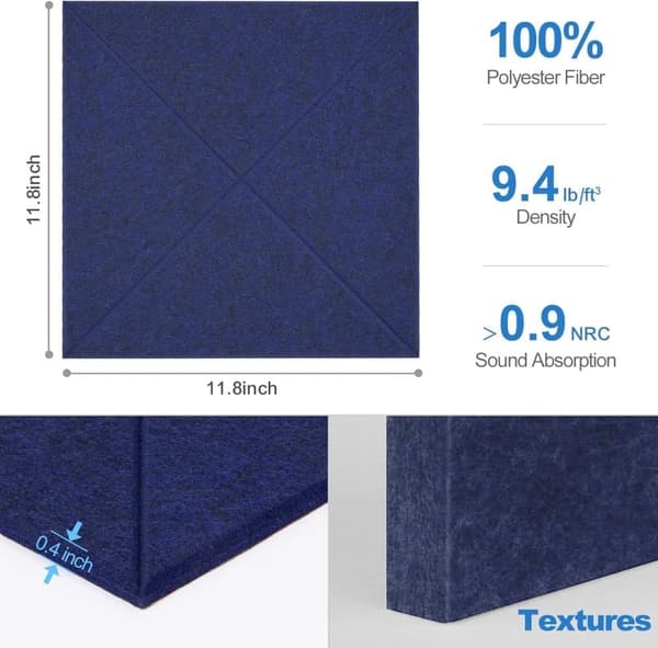 12 Akustikkpaneler – Selvklebende Lydabsorberende Paneler 30×30cm, Veggpaneler i Polyester for Akustikk & Dekorasjon_TF_TF Mörkblå