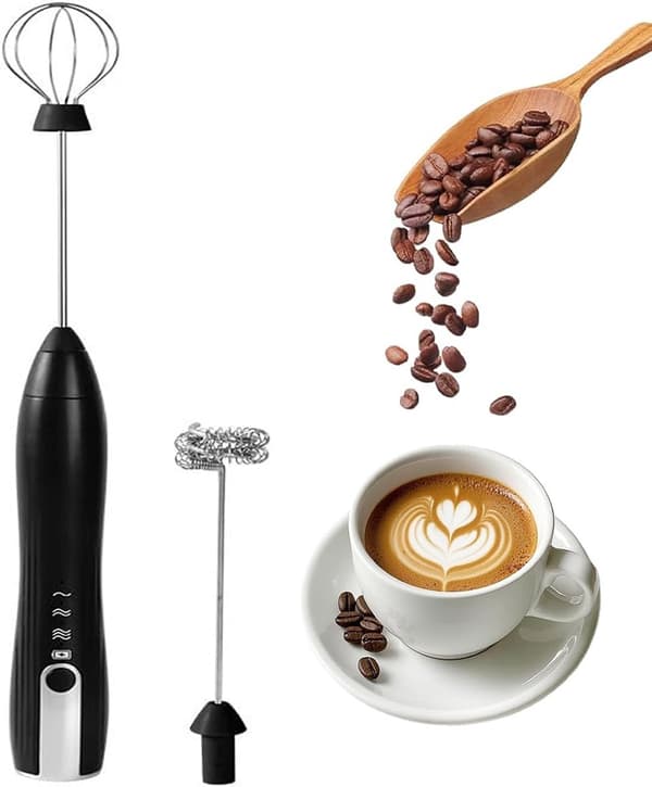 Håndholdt mælkeskummer USB-C genopladelig med 2 piskeris i rustfrit stål, 3-trins elektrisk mixer til latte, matcha og kaffe, sort