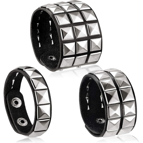 CDQ 3-pack 80-tals läderdubbade punkarmband Armband för män Manschettarmband Unisex Metallarmband för Halloween-festgåvor