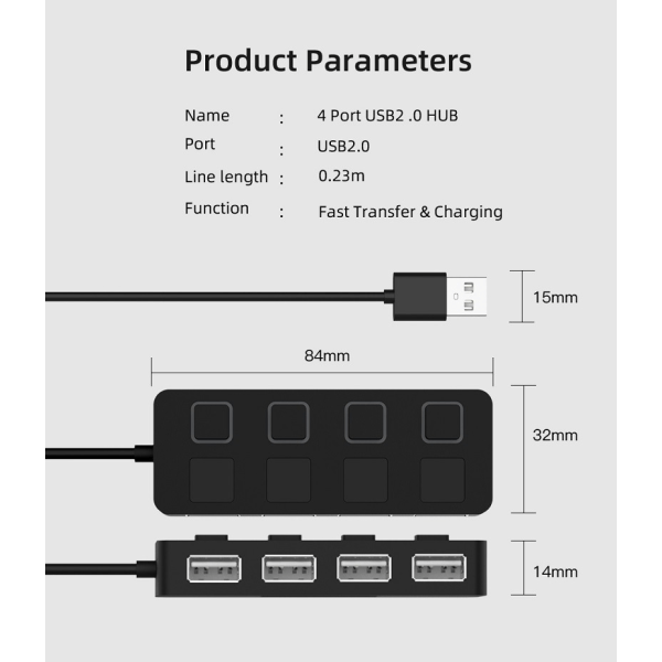 4-porters USB 2.0 datahub med individuelle LED-belyste strømbrytere [lading støttes IKKE]