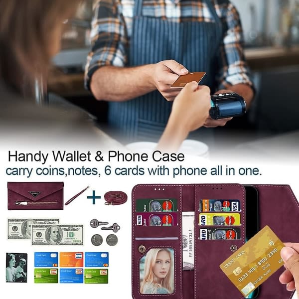 Etui til Iphone 12 Avtagbart Crossbody Dragkedja Plånbok Handväska etui med 6 kortholdere, premium Pu-læder beskyttelsesfolie F null ingen