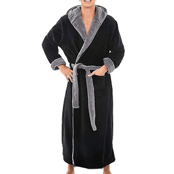 Herr Vinter Varm Hætte Kappe Badekåbe Håndklæde Lang Morgenkåbe Sort Grå Black Grey Black Grey 4XL