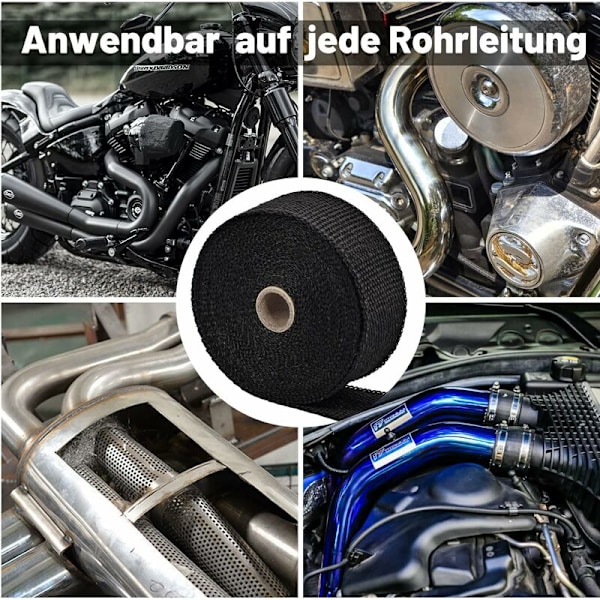 Varmebestandig Tape, 15M50MM Udstødningsmanifoldisolering Tape, Varmeisolering Tape med 10 Rustfrie Spændebånd, til Motorcykel Udstødningsmanifolder og Udstødningssystemer