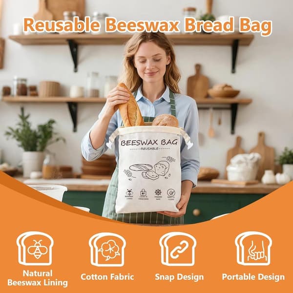 Bivaxbrödpåsar, 2-pack återanvändbara med bivaxfoder, fryssäkra för hembakat surdegsbröd, beige, 43 x 33 cm