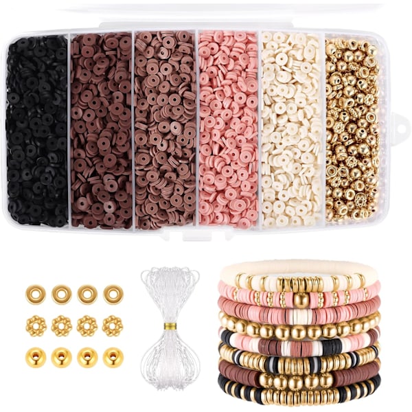 5200+ stk. brune lerperler armbåndssæt, Heishi-perler polymer lerperler til smykkefremstilling, venskabsarmbåndssæt med guld