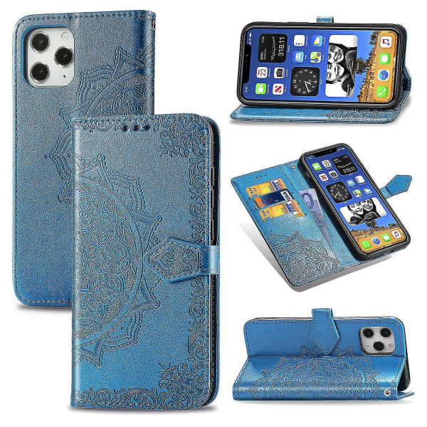 Kompatibel med Iphone 11 Pro Case Läder Cover Emboss Mandala Magnetic Flip Protection Støtsäker - Blå null ingen