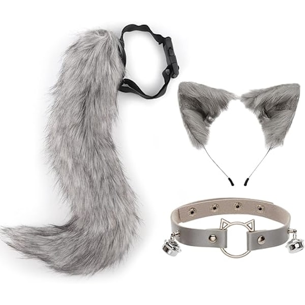 Kettu keinotekoinen turkishäntä kissankorvat panta Halloween-juhlapuku kaulakoru choker cosplay -setti naisille Grey