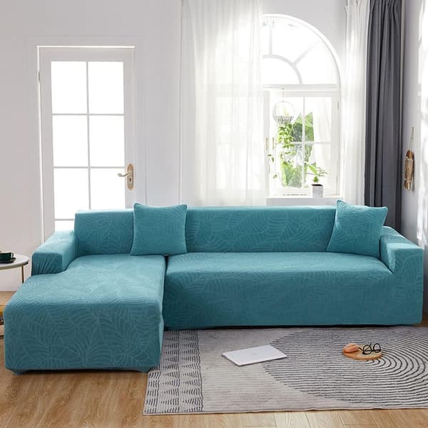 Vattentätt sofföverdrag - Ljusblått jacquardbladsmönster - För 3-sitssoffa (185-230 cm)
